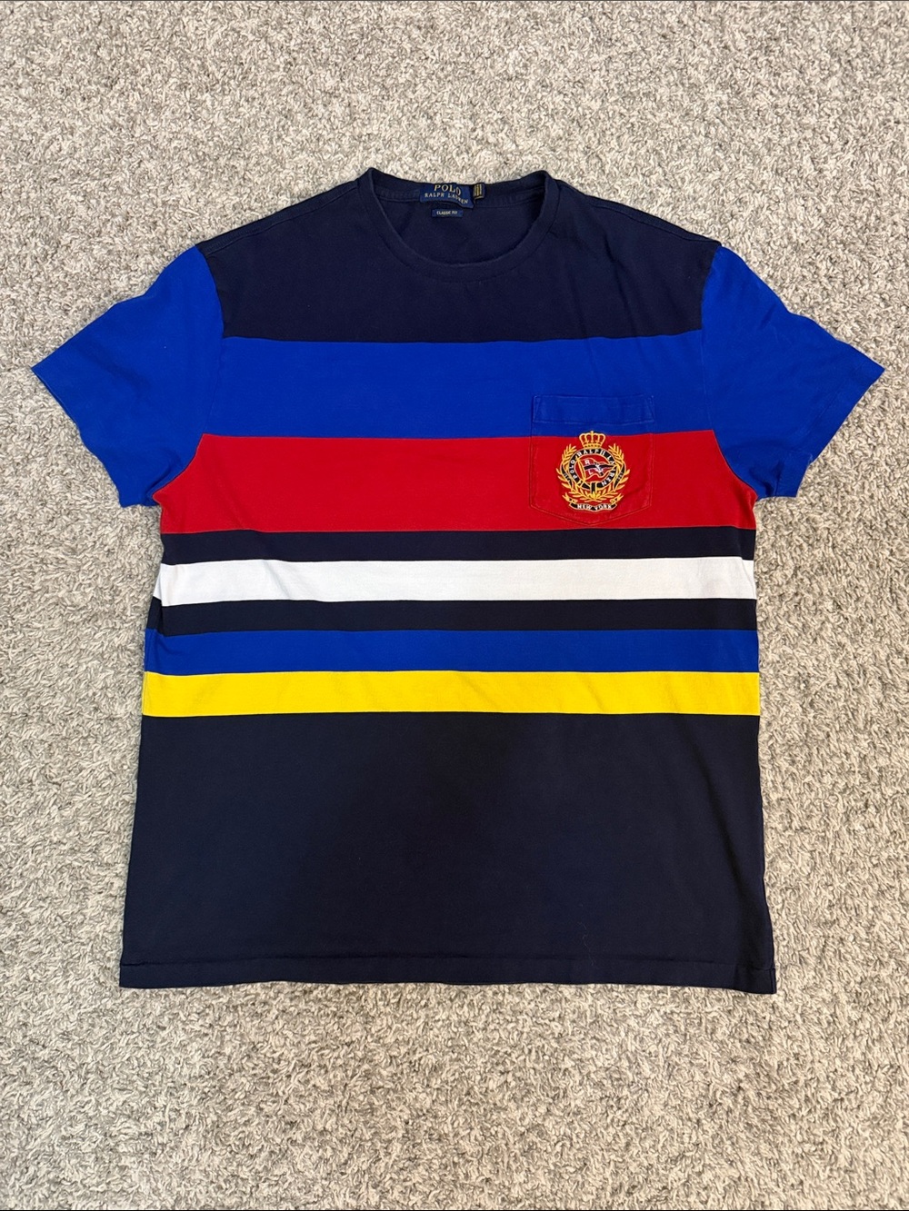 Polo by Ralph Lauren Navy Royal Blue Red Yellow Striped Crewneck Tee
